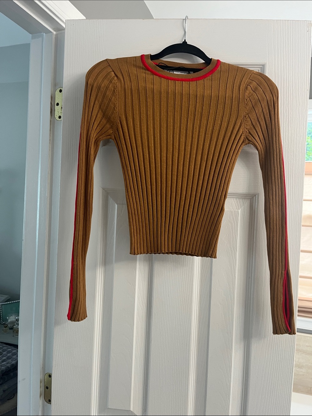 Zara Camel Ribbed Long-Sleeve Top with Red Trim